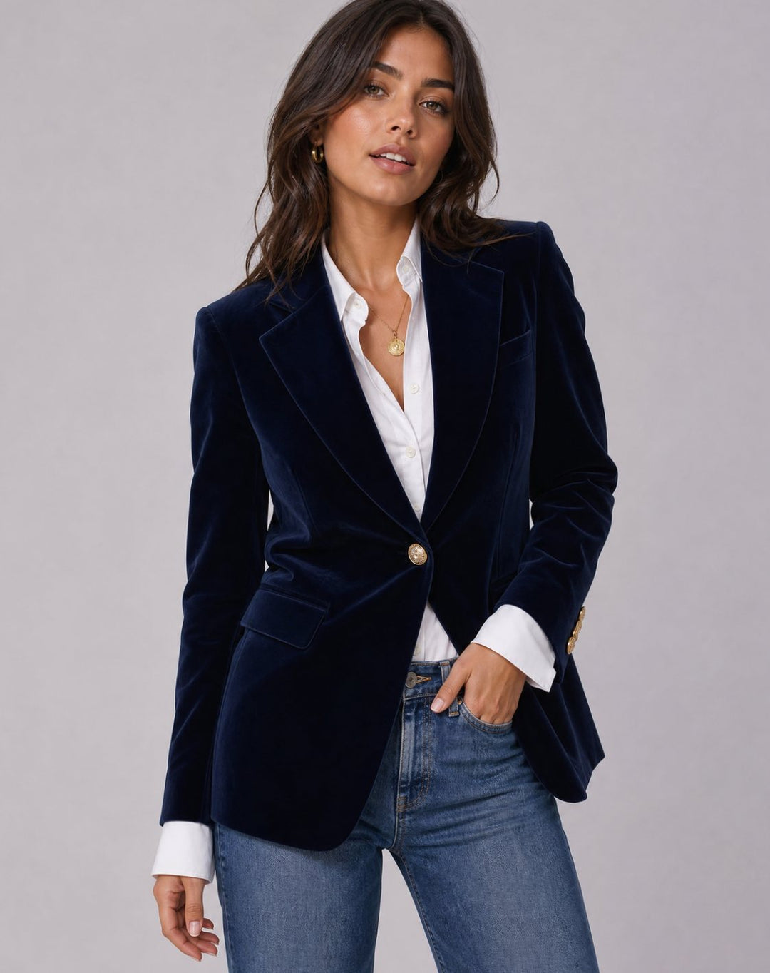 Women's Structured Velvet Gold-Button Slim-Fit Blazer - Dark Blue