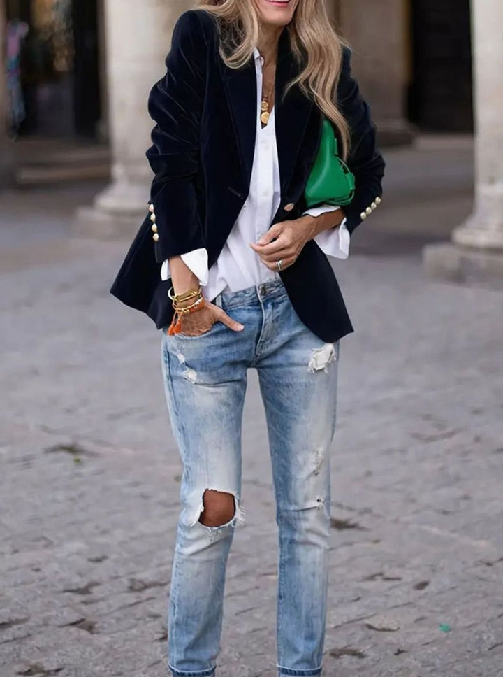 Women's Structured Velvet Gold-Button Slim-Fit Blazer