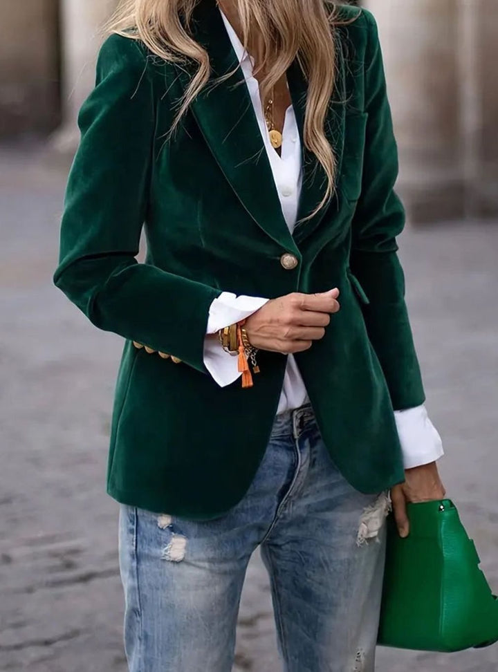 Women's Structured Velvet Gold-Button Slim-Fit Blazer - Green