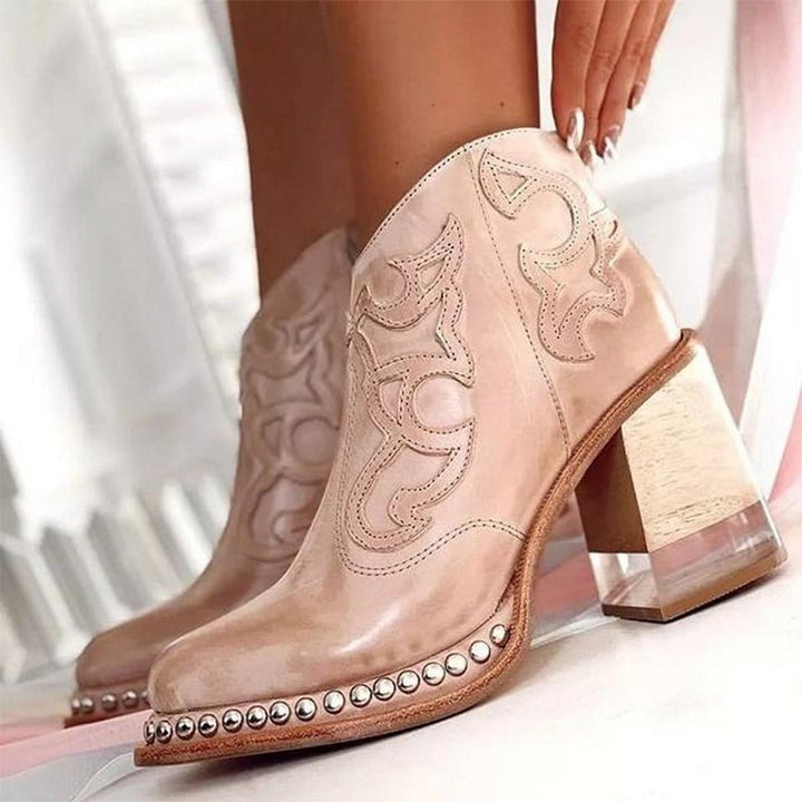 Women's Studded Block Heel Western Ankle Boots - Dune Pink
