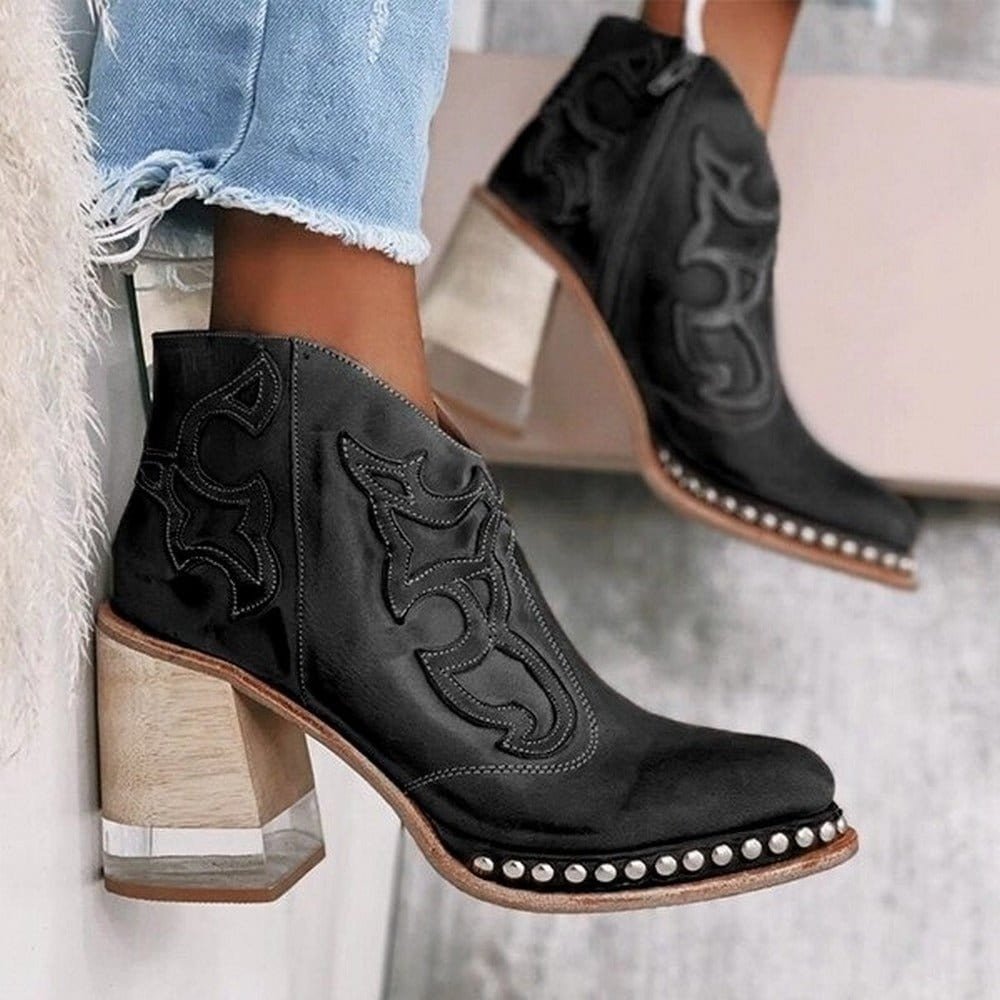 Women's Studded Block Heel Western Ankle Boots - Santafe Black