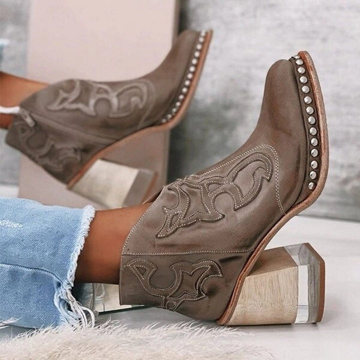 Women's Studded Block Heel Western Ankle Boots - Texan Brown