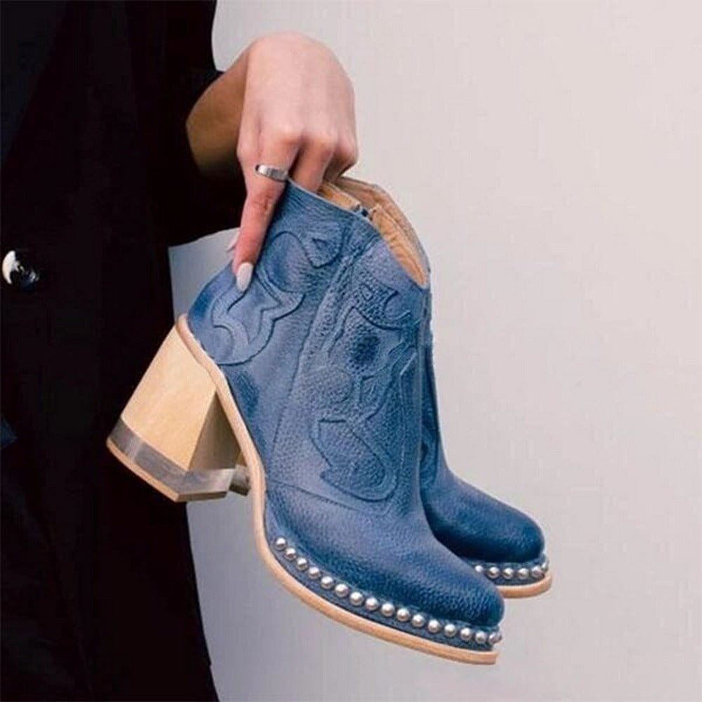 Women's Studded Block Heel Western Ankle Boots - Capri Blue
