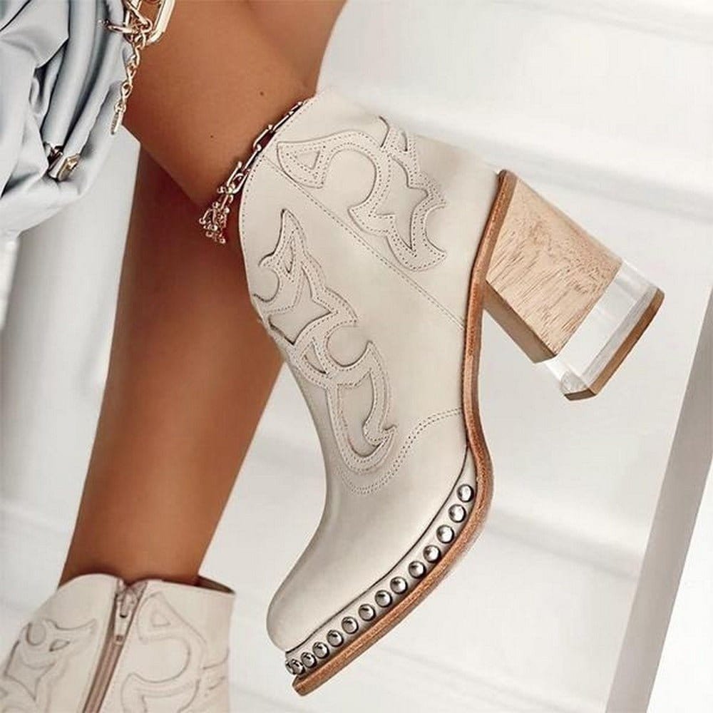 Women's Studded Block Heel Western Ankle Boots - Vegas White