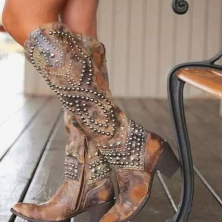 Women's Studded Knee-High Cowboy Boots Chunky Block Heel - Brown