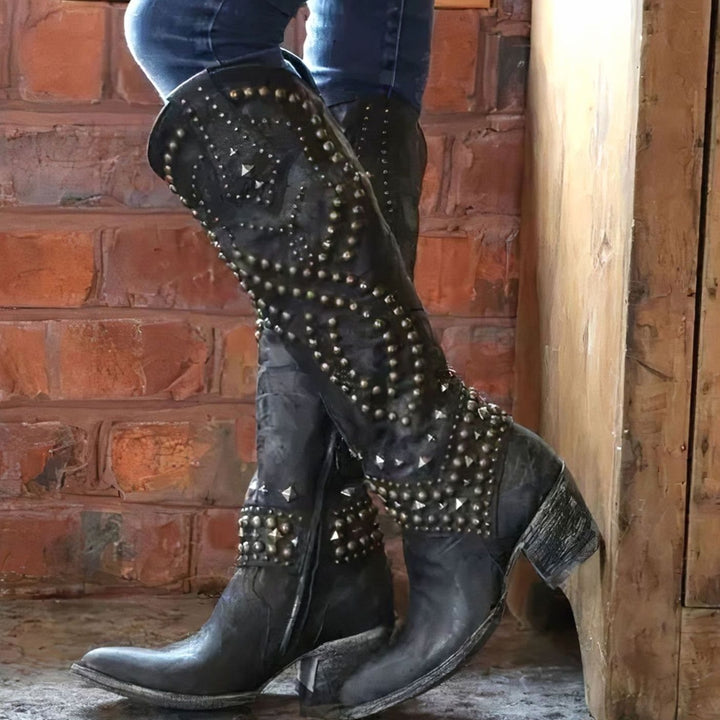 Women's Studded Knee-High Cowboy Boots Chunky Block Heel - Black