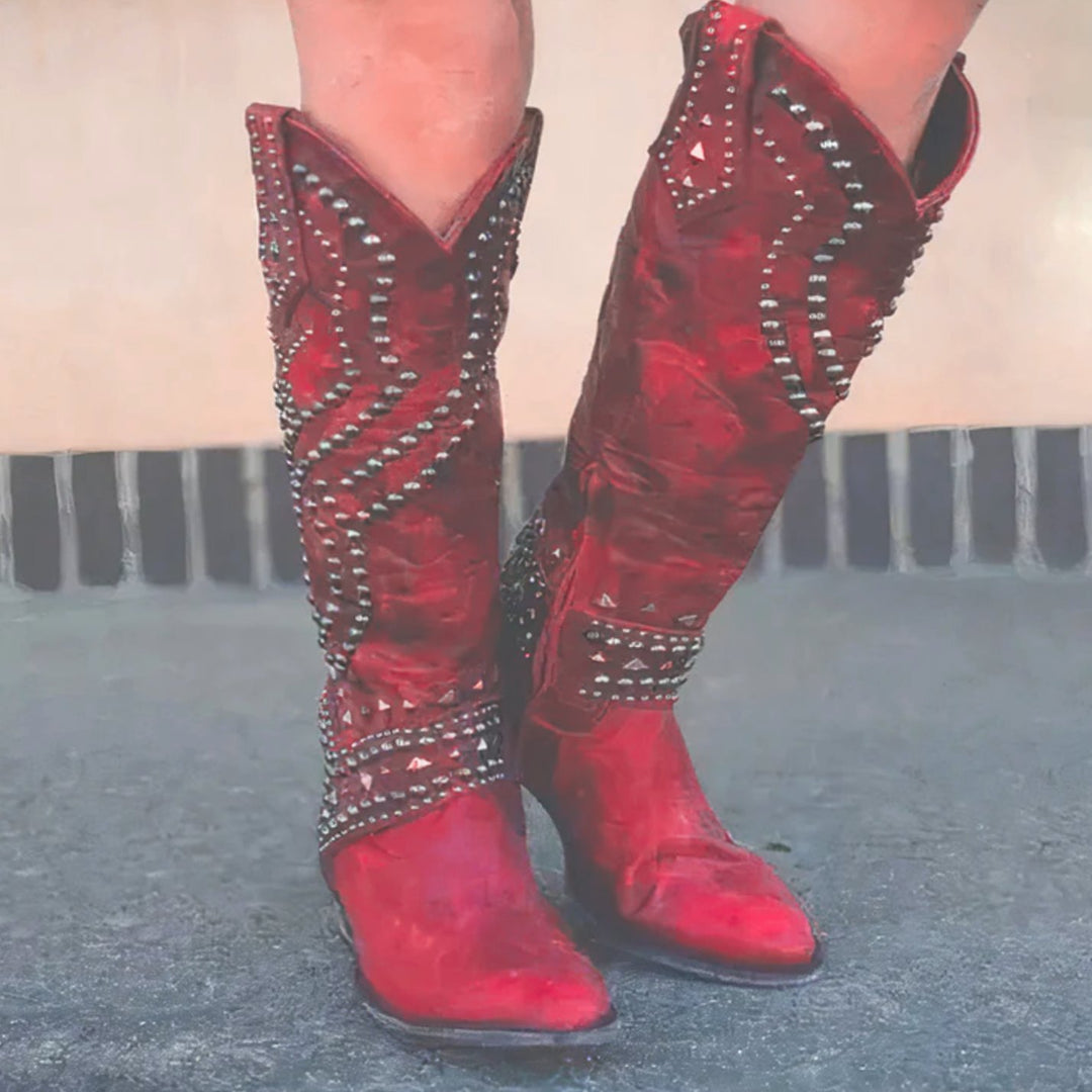 Women's Studded Knee-High Cowboy Boots Chunky Block Heel - Red