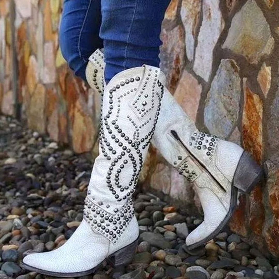 Women's Studded Knee-High Cowboy Boots Chunky Block Heel - White