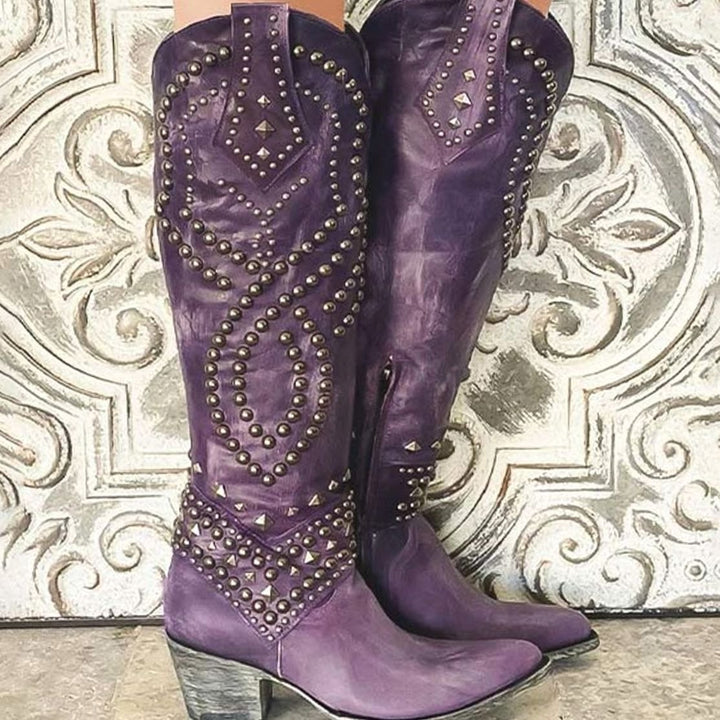 Women's Studded Knee-High Cowboy Boots Chunky Block Heel - Purple