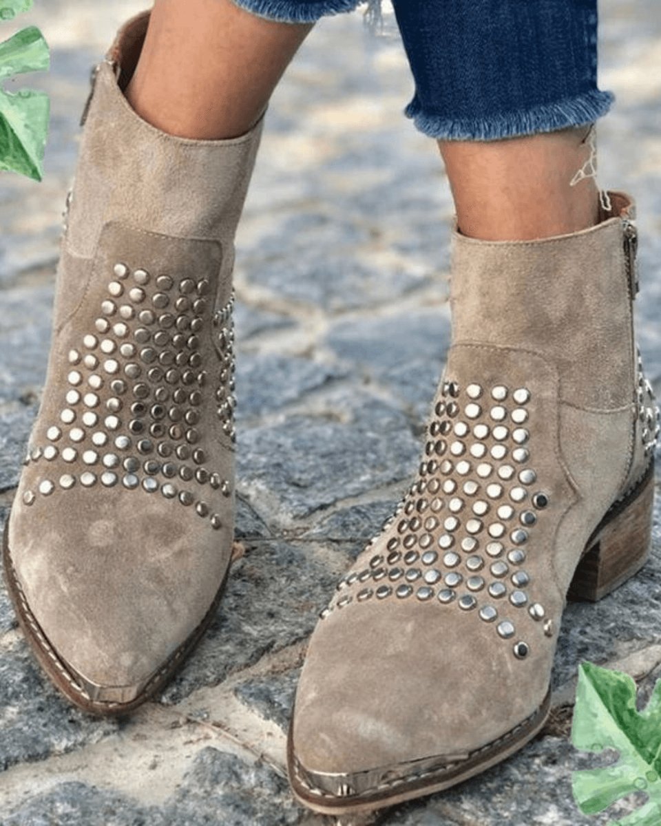 Women's Studded Suede Pointed-Toe Block-Heel Ankle Boots