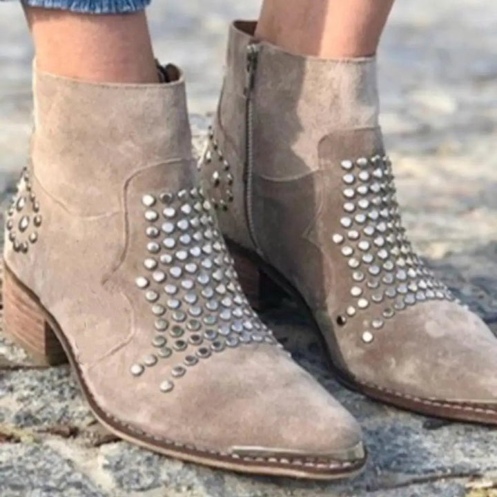 Women's Studded Suede Pointed-Toe Block-Heel Ankle Boots