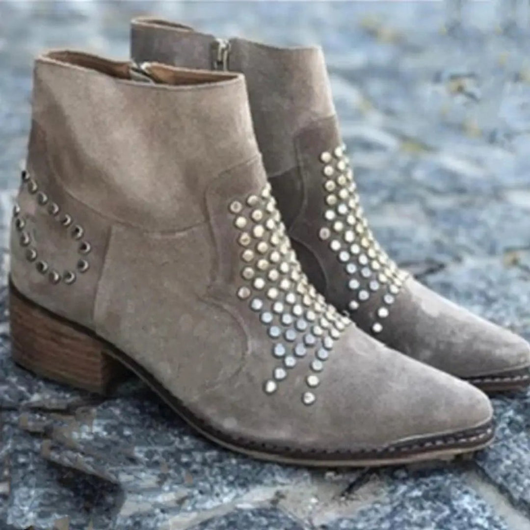 Women's Studded Suede Pointed-Toe Block-Heel Ankle Boots