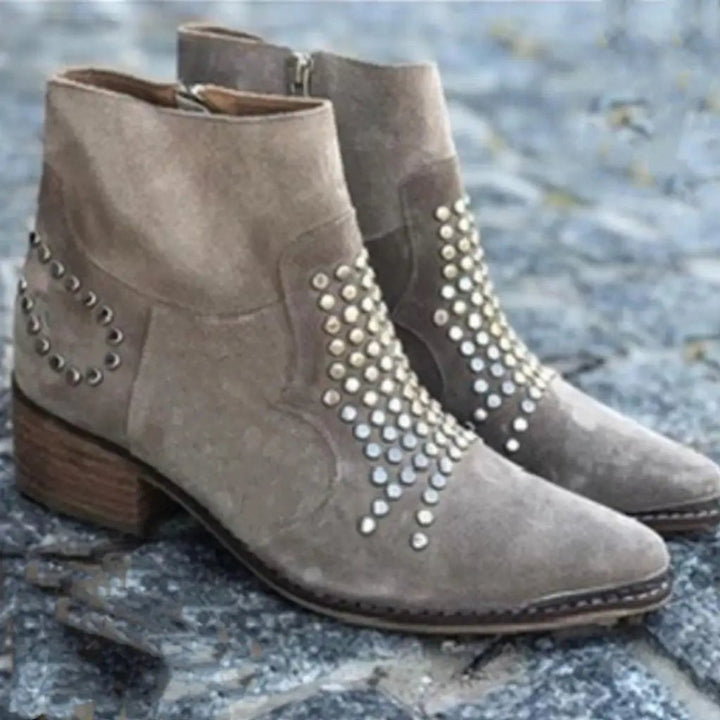 Women's Studded Suede Pointed-Toe Block-Heel Ankle Boots