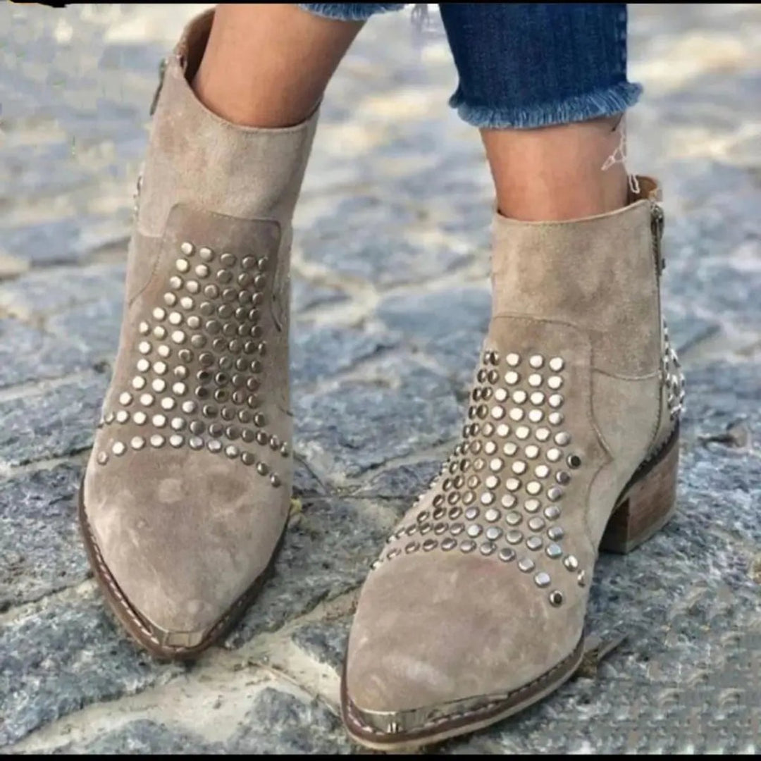 Women's Studded Suede Pointed-Toe Block-Heel Ankle Boots