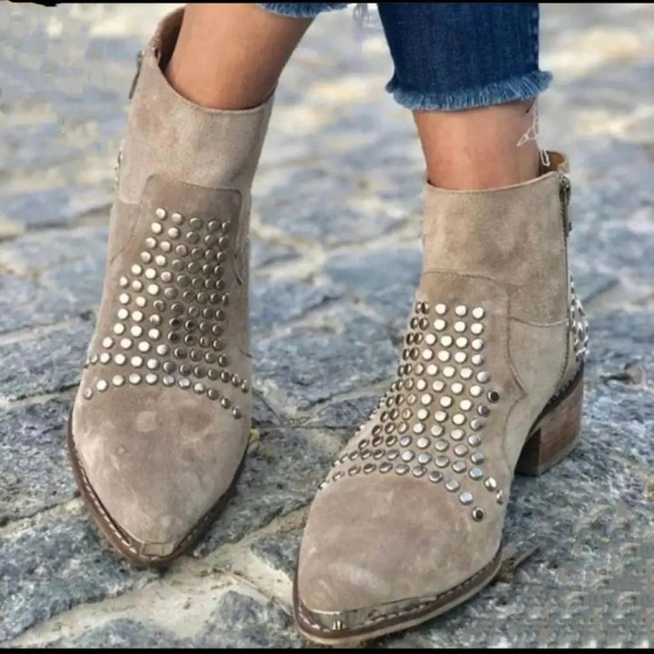 Women's Studded Suede Pointed-Toe Block-Heel Ankle Boots