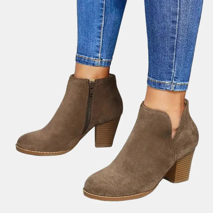 Women's Suede Block-Heel Side-Zip Ankle Boots - Beige