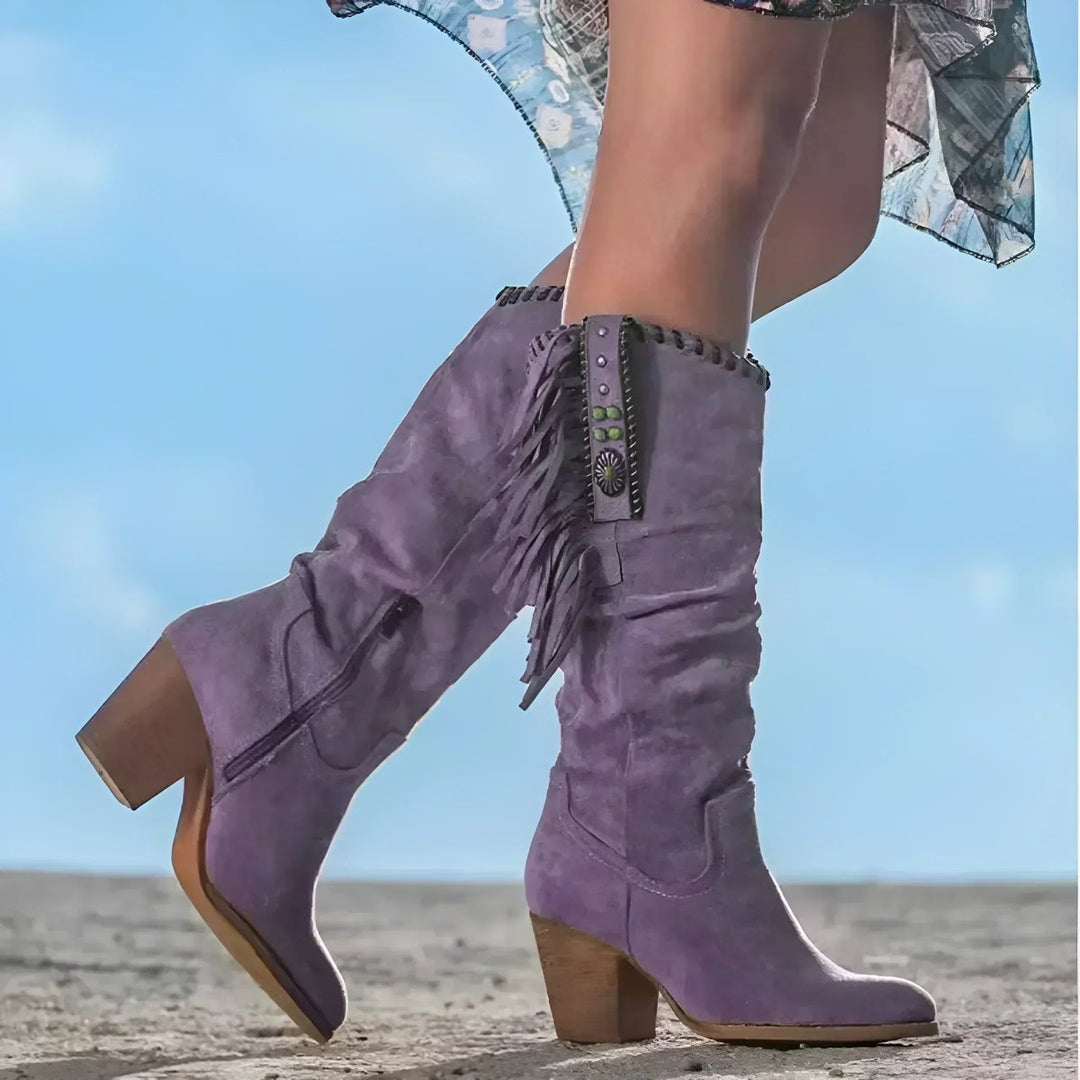 Women's Suede Fringe Western Knee High Boots Block Heel - Purple