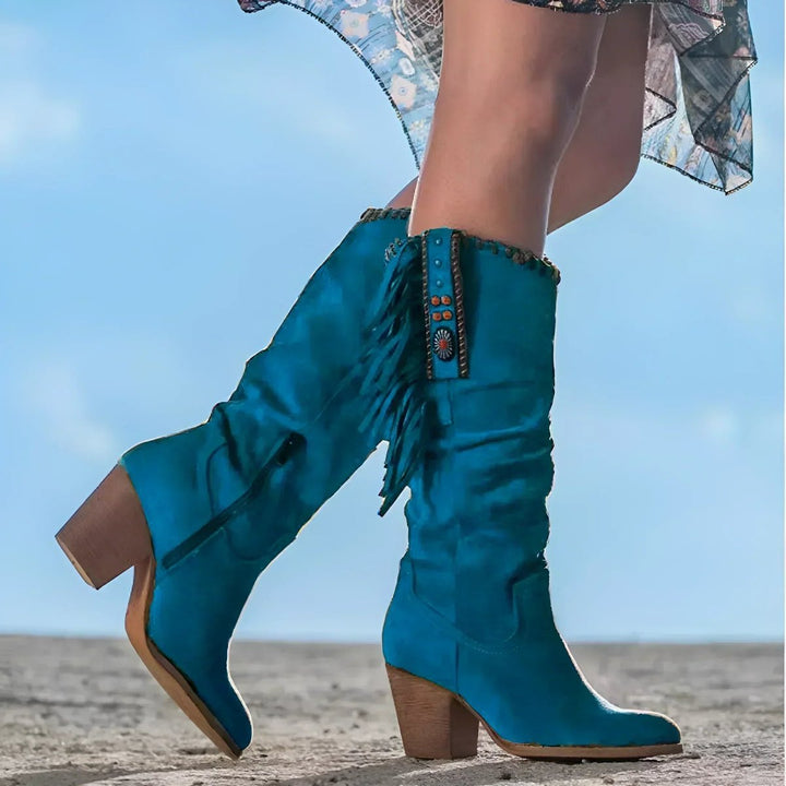 Women's Suede Fringe Western Knee High Boots Block Heel - Blue
