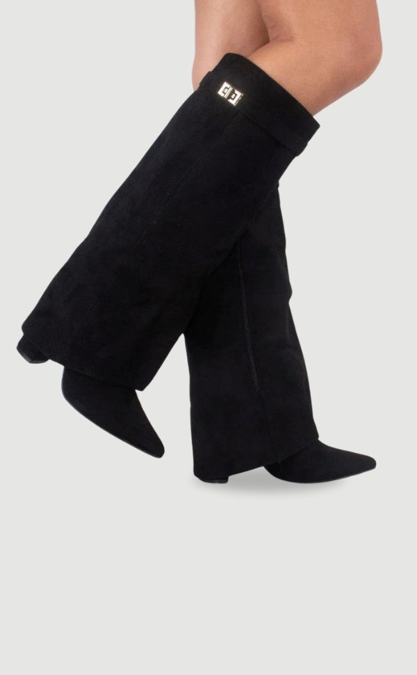 Women's Suede Knee High Boots Gold Hardware - Schwarz Wildleder