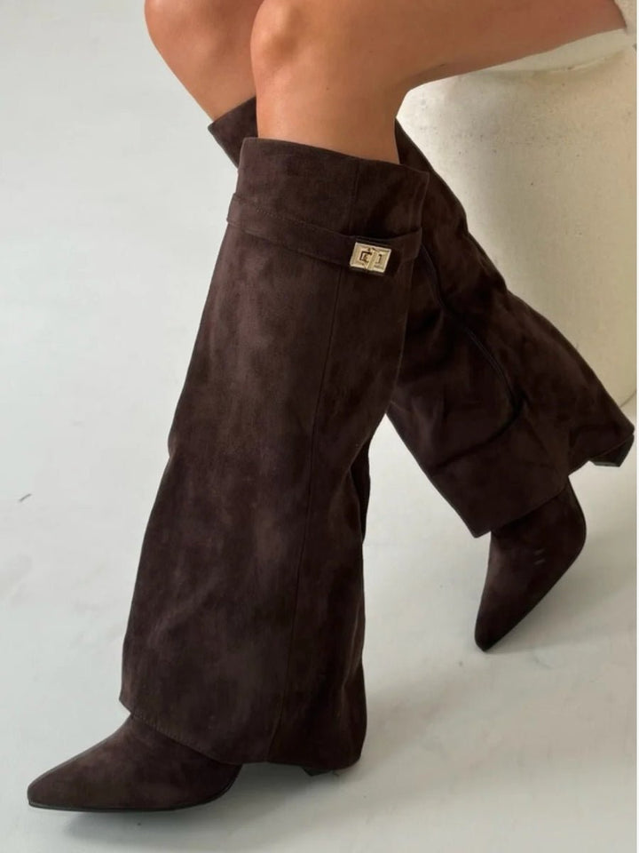 Women's Suede Knee High Boots Gold Hardware - Braun Wildleder