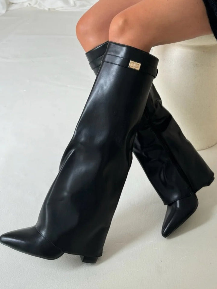Women's Suede Knee High Boots Gold Hardware - Schwarz Leder