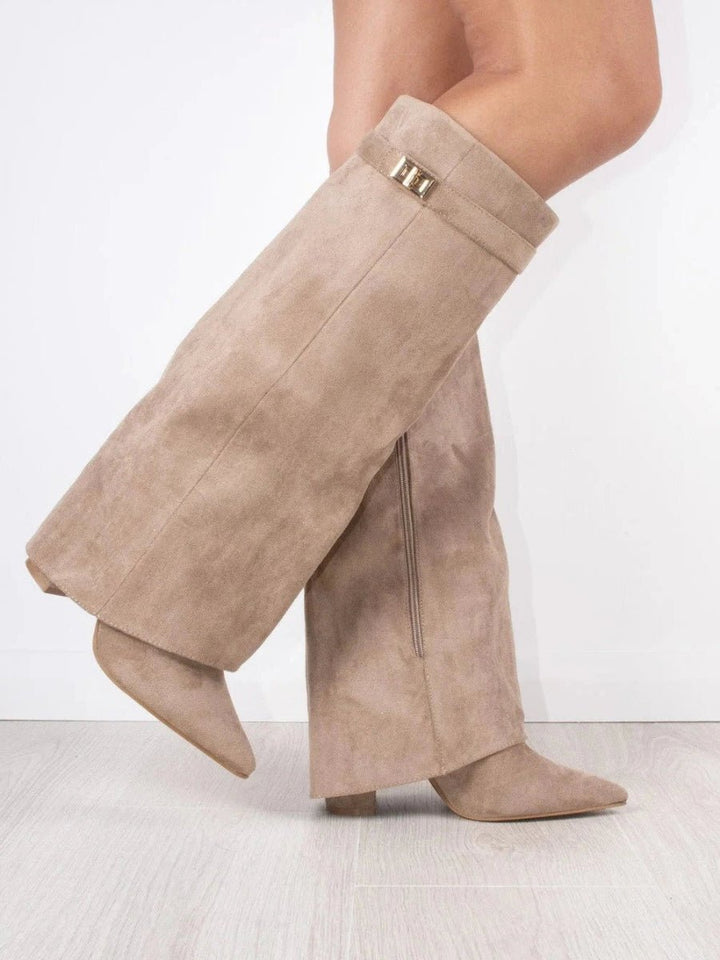 Women's Suede Knee High Boots Gold Hardware - Beige Wildleder