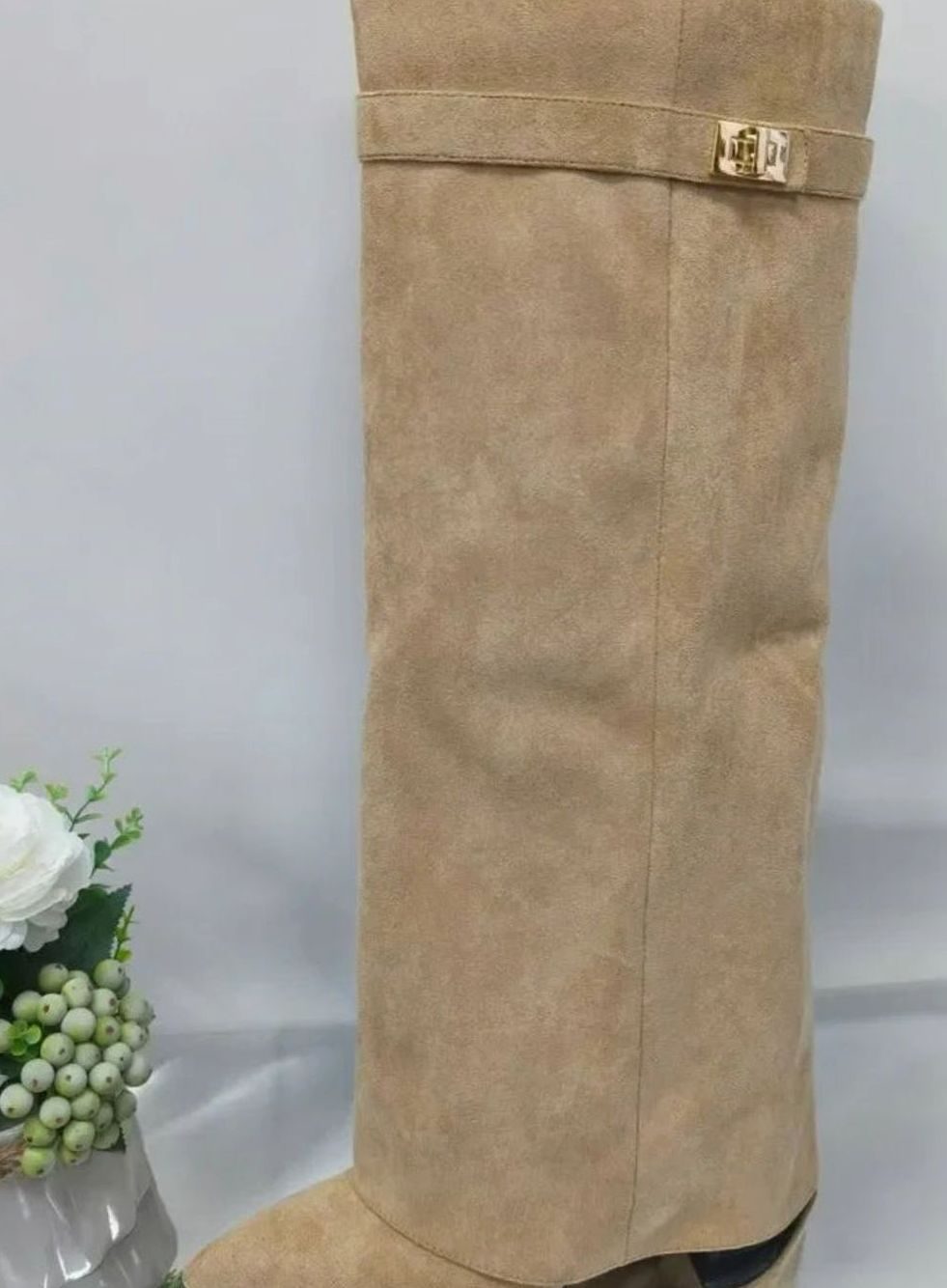 Women's Suede Pointed-Toe Buckle Thigh-High Boots - Apricot