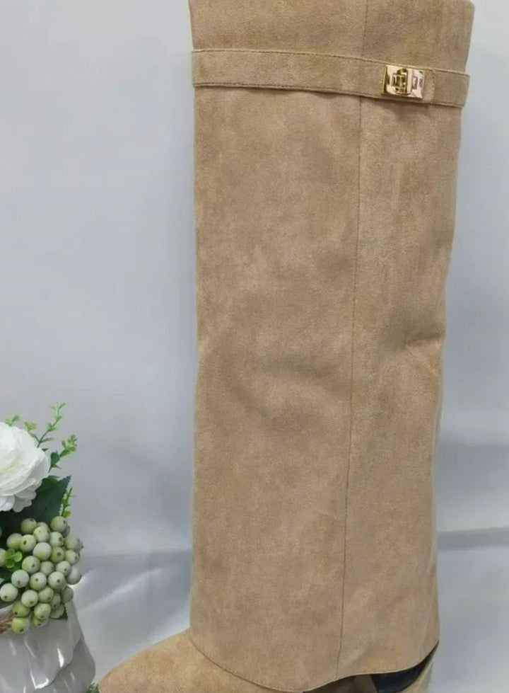 Women's Suede Pointed-Toe Buckle Thigh-High Boots - Apricot