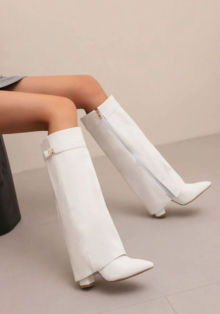 Women's Suede Pointed-Toe Buckle Thigh-High Boots - White Plush