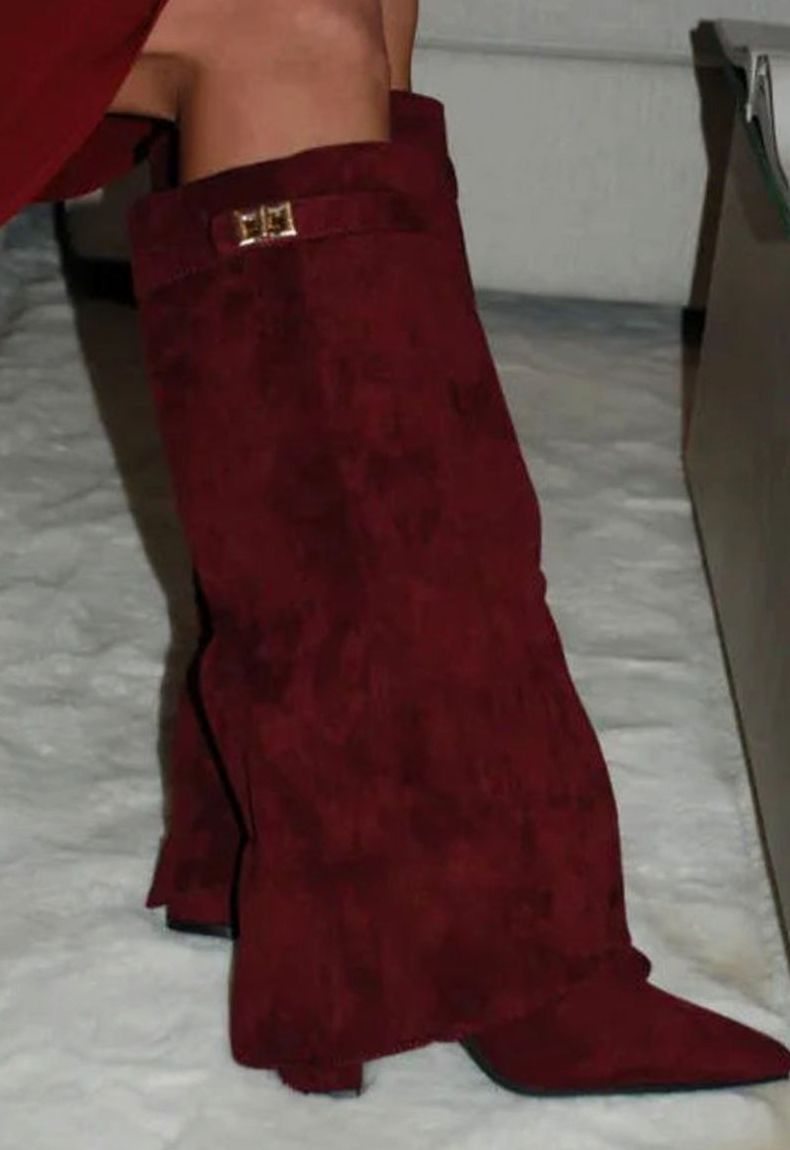 Women's Suede Pointed-Toe Buckle Thigh-High Boots - Red Suede