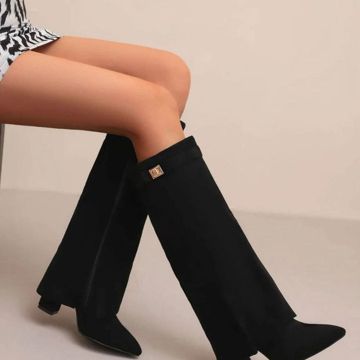 Women's Suede Pointed-Toe Buckle Thigh-High Boots - Suede Plush
