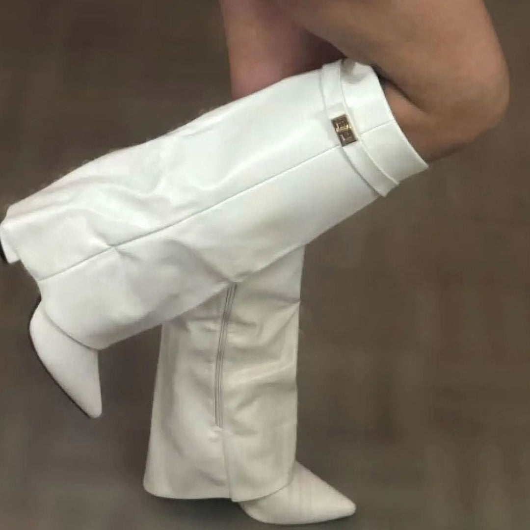 Women's Suede Pointed-Toe Buckle Thigh-High Boots - White