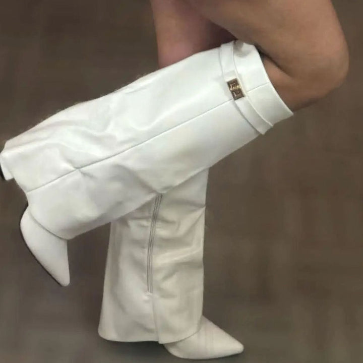 Women's Suede Pointed-Toe Buckle Thigh-High Boots - White
