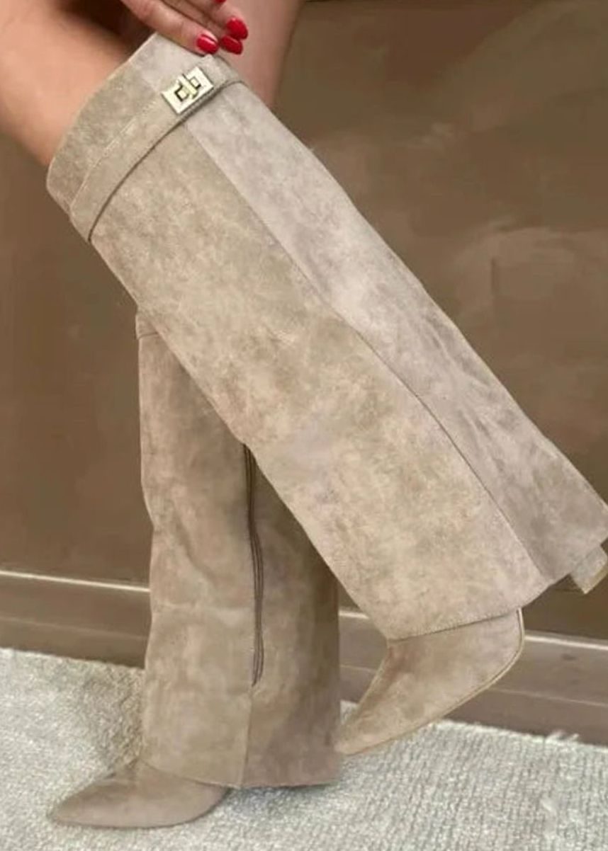 Women's Suede Pointed-Toe Buckle Thigh-High Boots