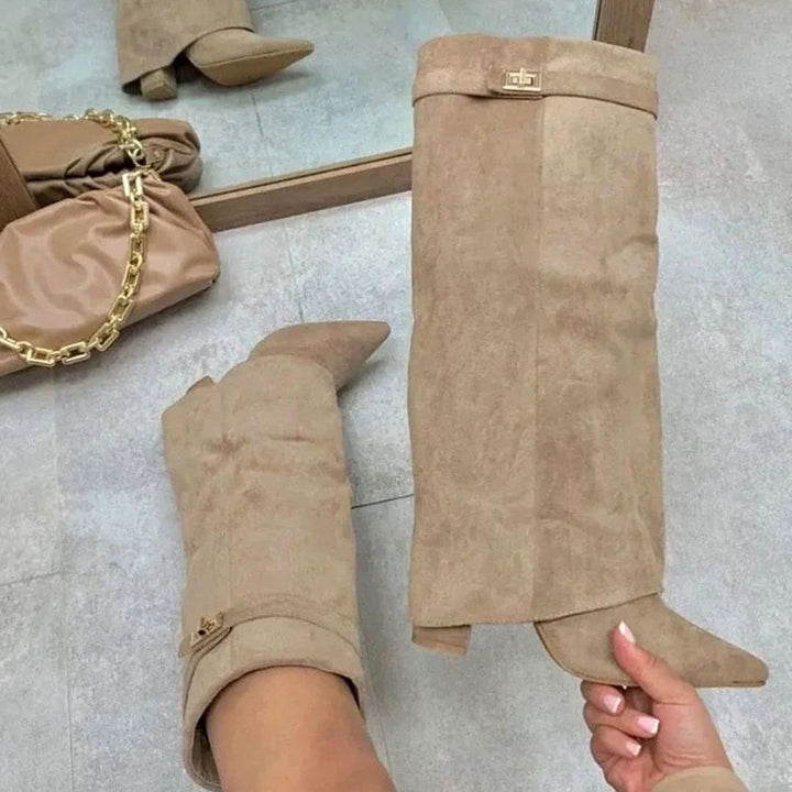 Women's Suede Pointed-Toe Buckle Thigh-High Boots - Apricot Plush