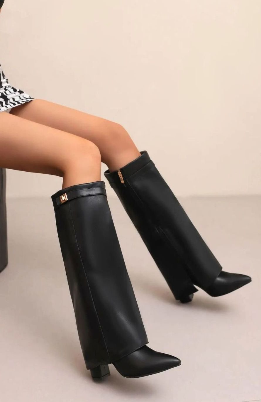 Women's Suede Pointed-Toe Buckle Thigh-High Boots - Black Plush