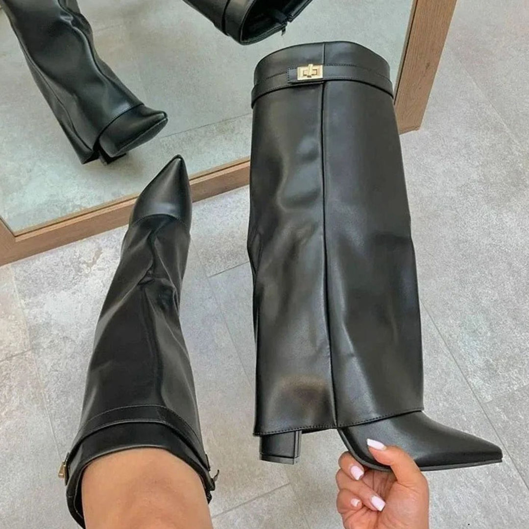 Women's Suede Pointed-Toe Buckle Thigh-High Boots - Black Suede