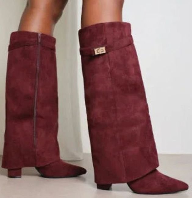 Women's Suede Pointed-Toe Buckle Thigh-High Boots - Red Suede Plush