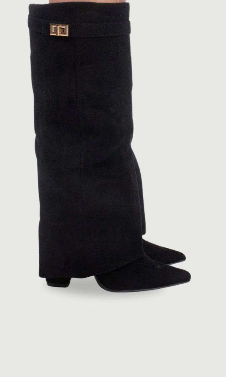 Women's Suede Pointed-Toe Gold-Buckle Thigh-High Boots