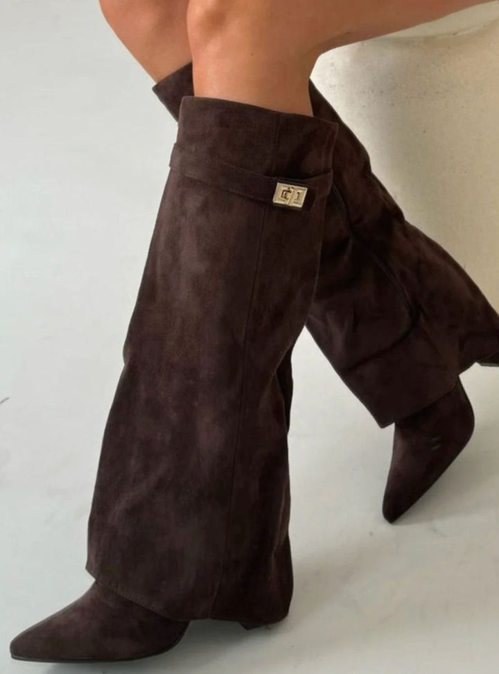 Women's Suede Pointed-Toe Gold-Buckle Thigh-High Boots - Brown Suede