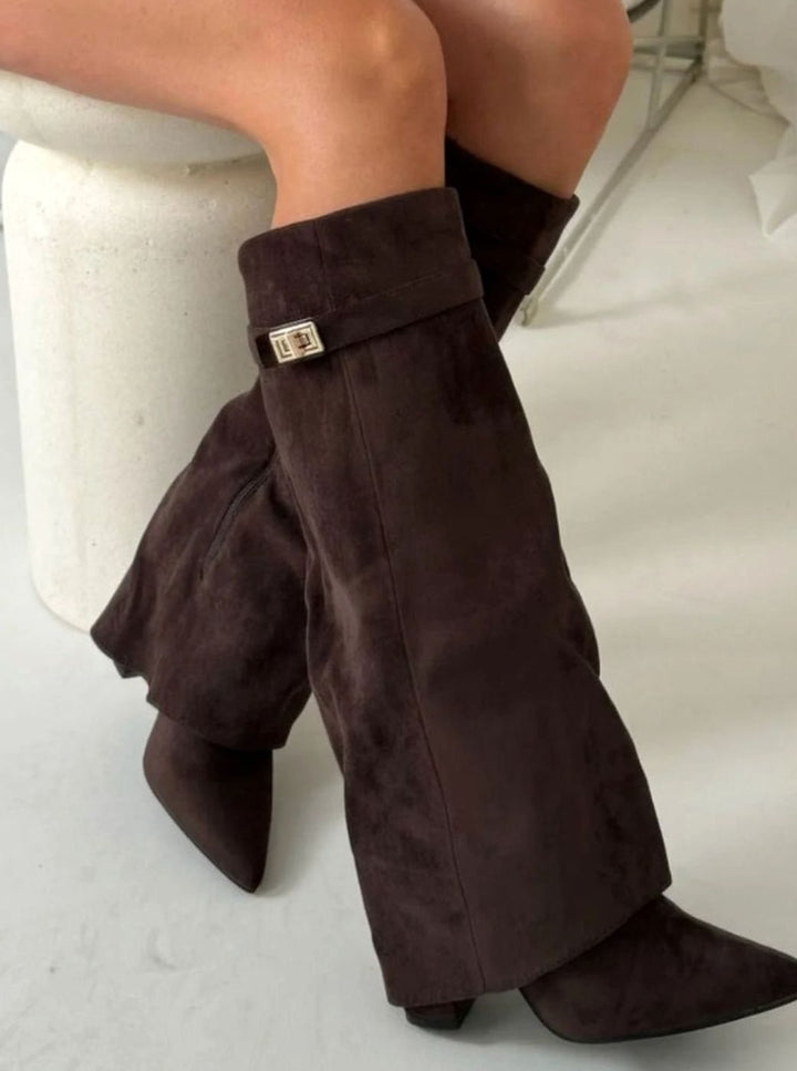 Women's Suede Pointed-Toe Gold-Buckle Thigh-High Boots