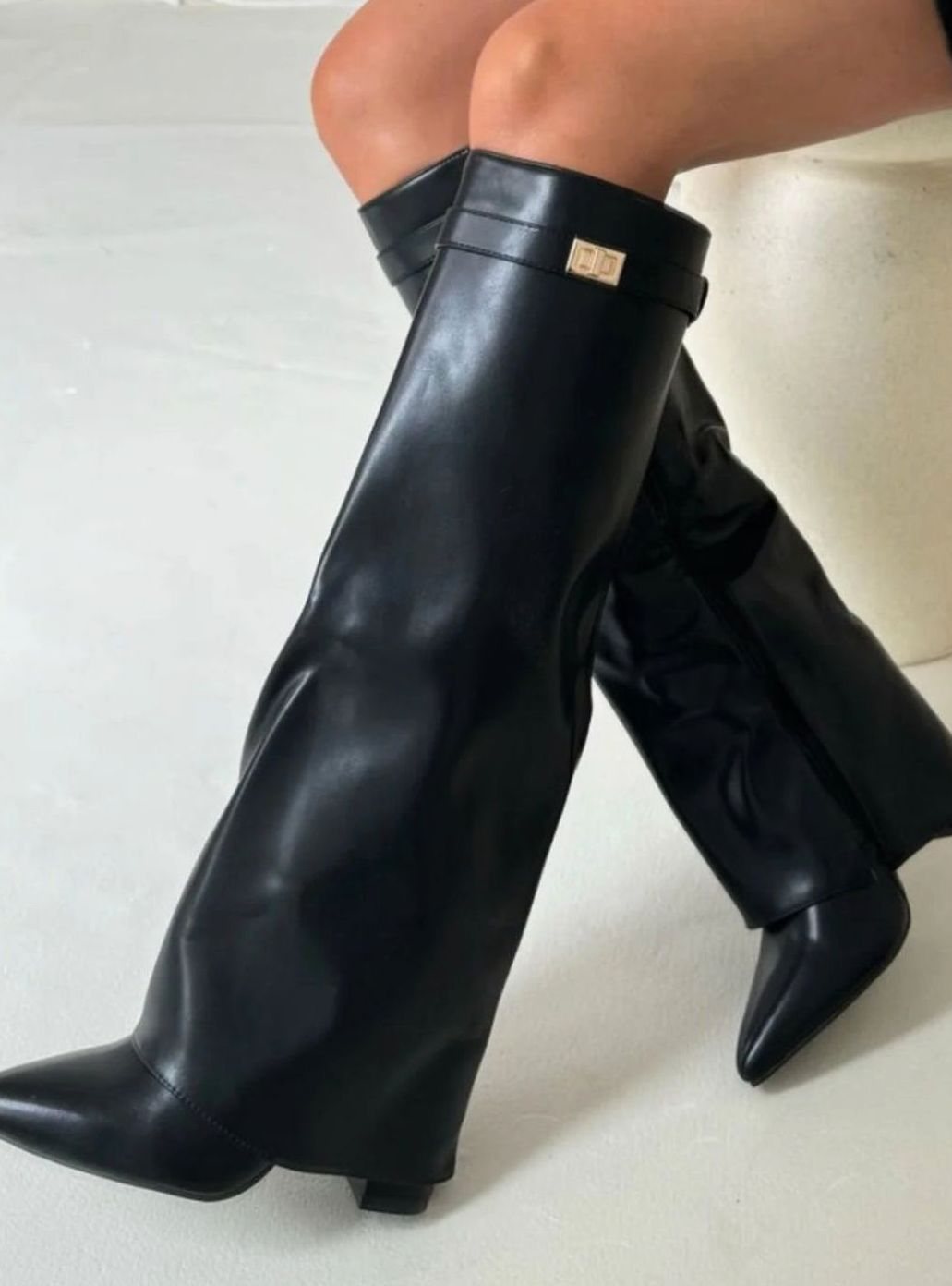 Women's Suede Pointed-Toe Gold-Buckle Thigh-High Boots - Black