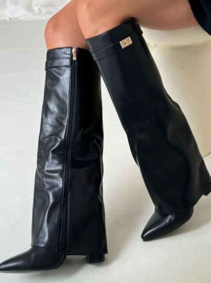Women's Suede Pointed-Toe Gold-Buckle Thigh-High Boots