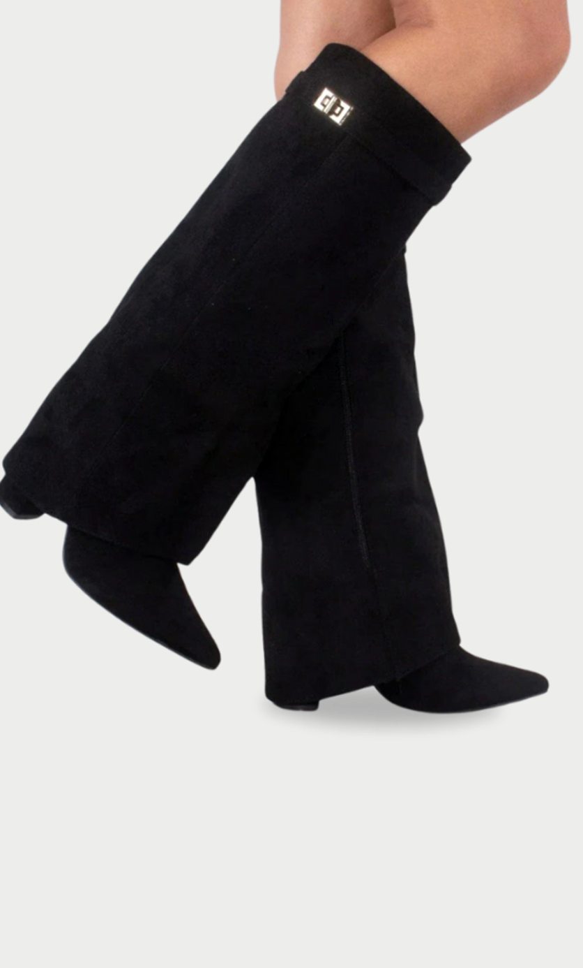 Women's Suede Pointed-Toe Gold-Buckle Thigh-High Boots - Black Suede