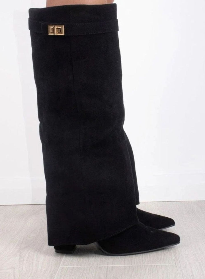 Women's Suede Pointed-Toe Gold-Buckle Thigh-High Boots