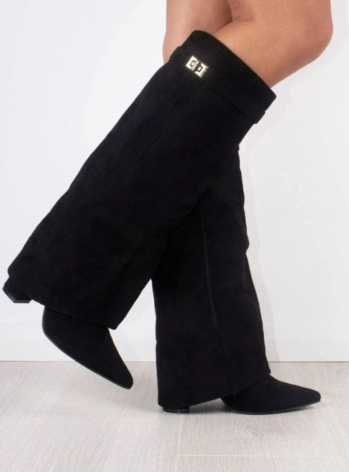 Women's Suede Pointed-Toe Gold-Buckle Thigh-High Boots