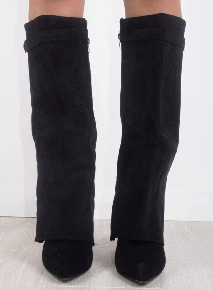 Women's Suede Pointed-Toe Gold-Buckle Thigh-High Boots