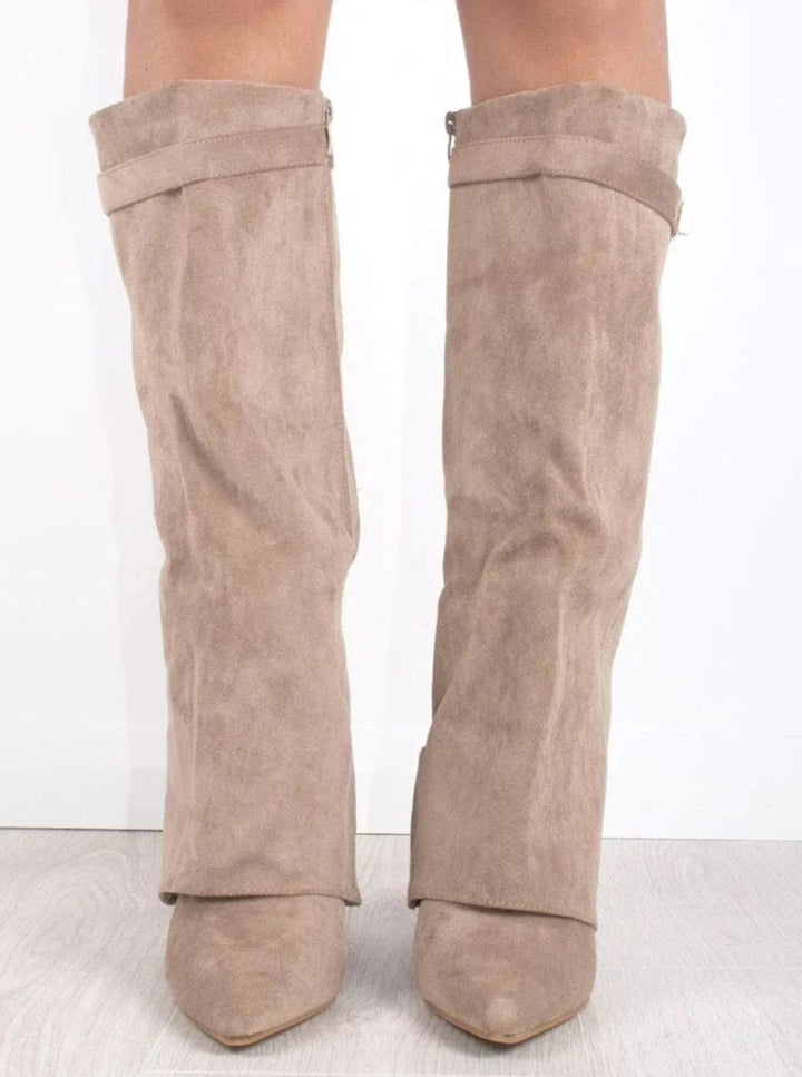 Women's Suede Pointed-Toe Gold-Buckle Thigh-High Boots