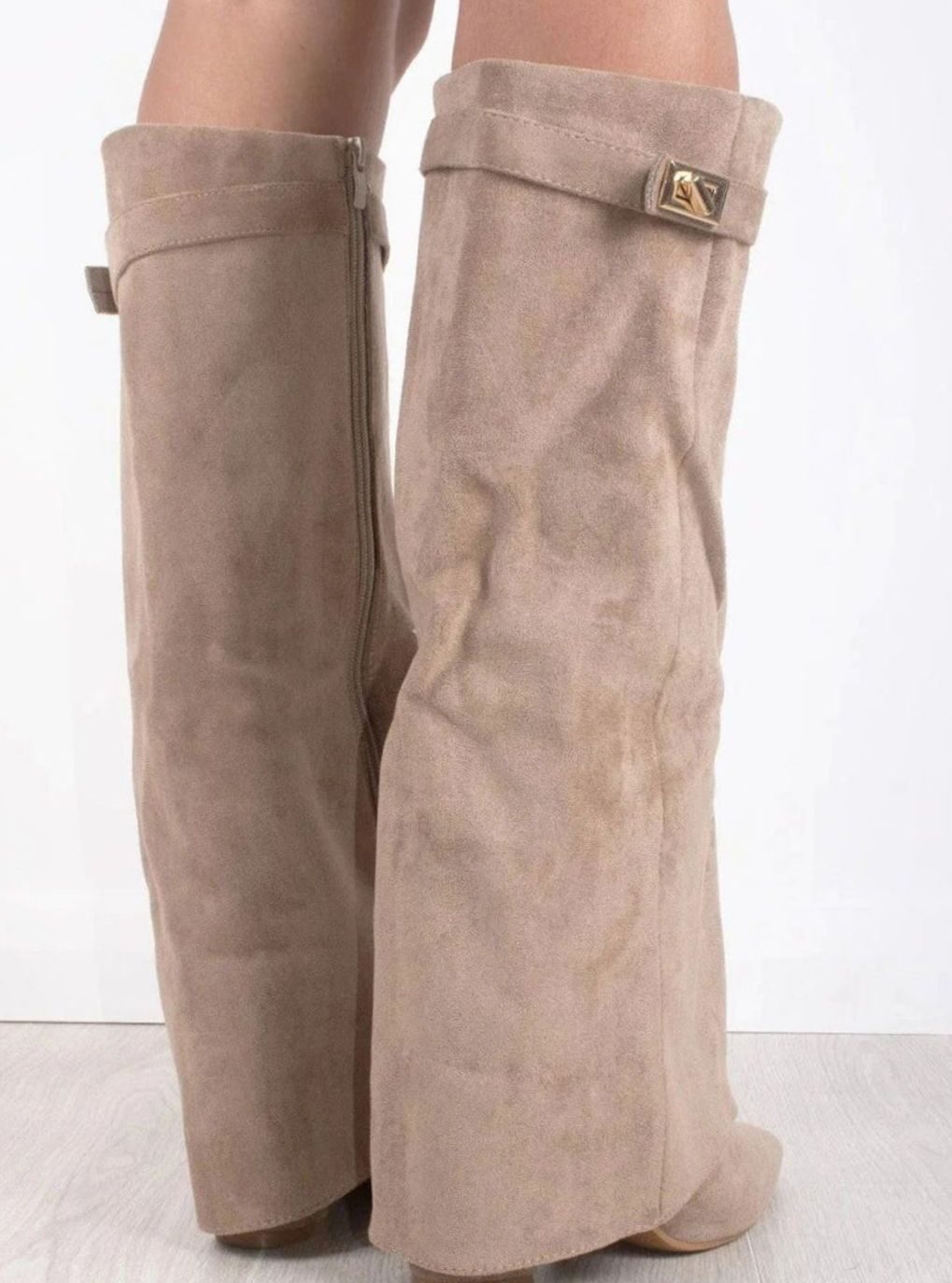 Women's Suede Pointed-Toe Gold-Buckle Thigh-High Boots