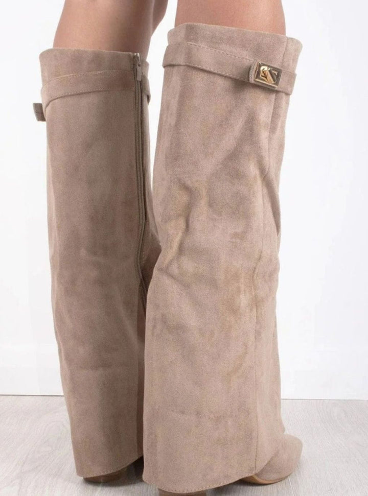 Women's Suede Pointed-Toe Gold-Buckle Thigh-High Boots